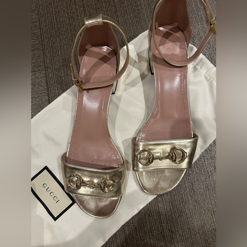 Gucci metallic golden Horsebit T strap sandals